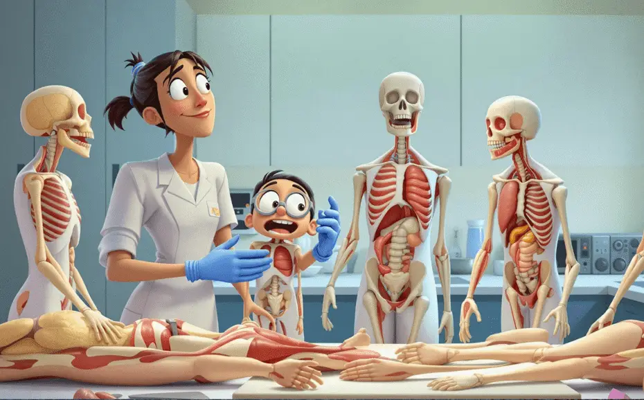 A medical professional is explaining anatomy to children, surrounded by life-sized anatomical models in a lab setting.